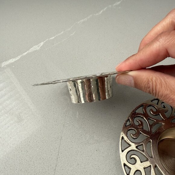 Vintage Silver Plated Brass Candle Holders Set Of 2 Round Heart Cutouts India - Picture 5 of 8